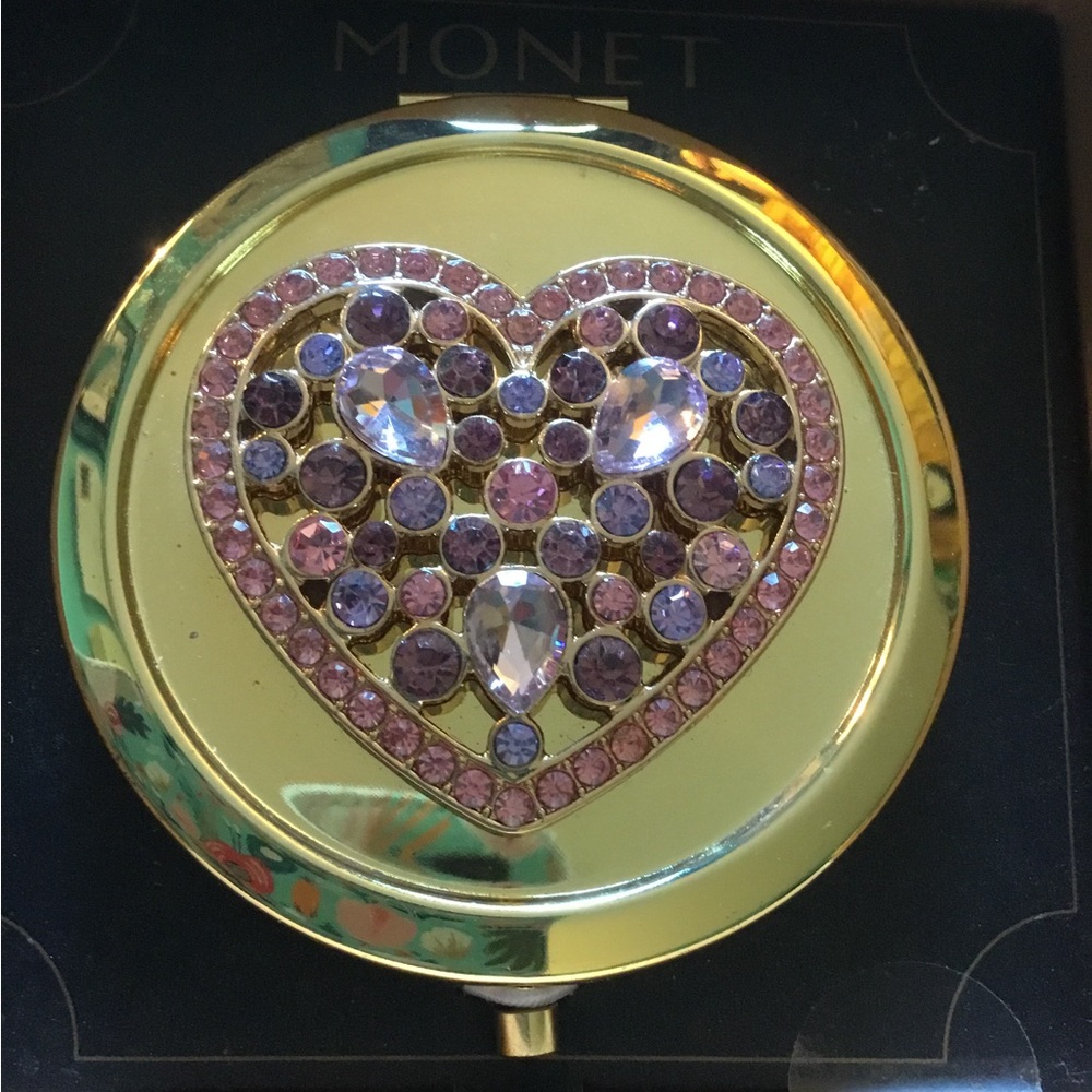 Monet Gold-tone Heart Compact with Pink & Purple Stones